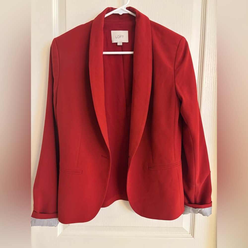 Red Ann Taylor’s Loft Blazer with Striped Cuffs